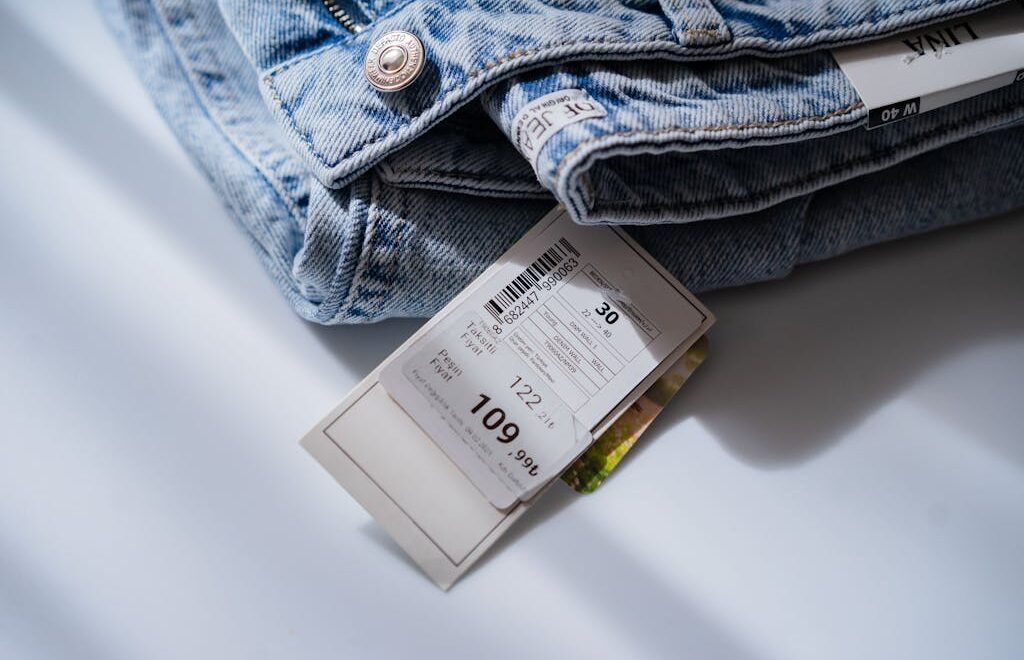 Jeans with price ticket on white table