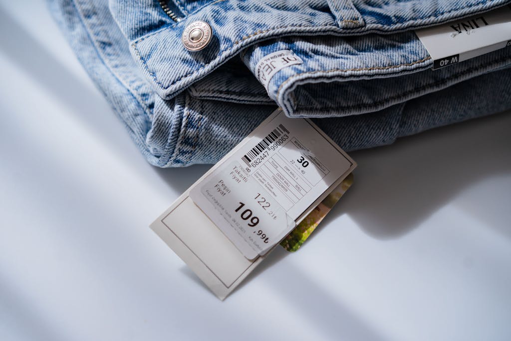Jeans with price ticket on white table