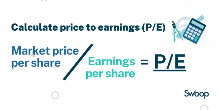 The formula to calculate a price to earnings ratio is "P/E ratio = Market price per share / Earnings per share"