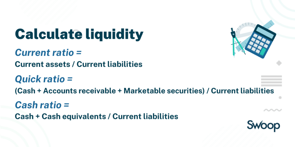 Formulas to calculate liquidity, including current, quick and cash ratios